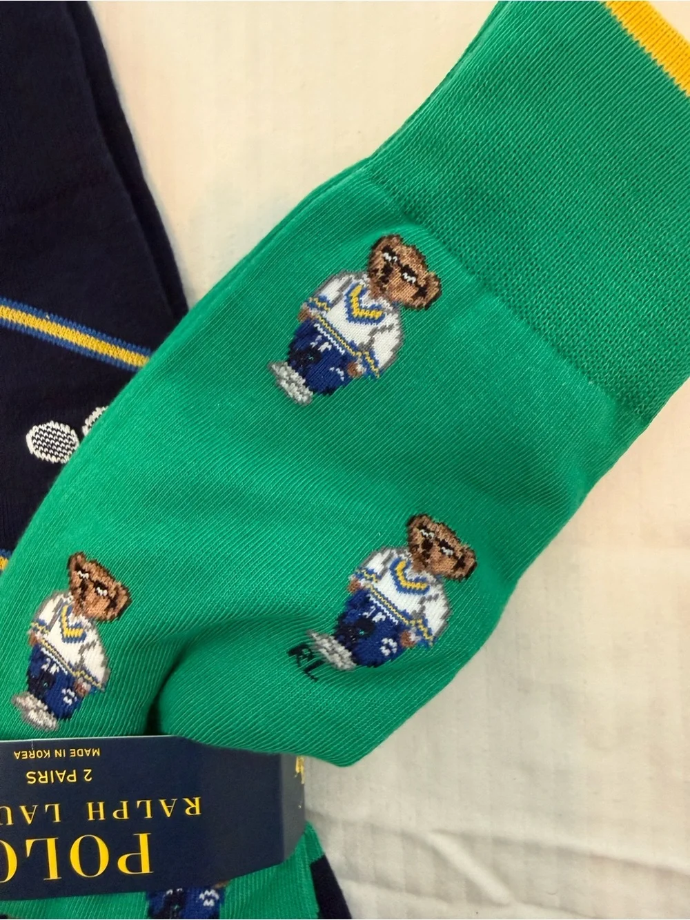 New mens Polo by Ralph Lauren Green & Navy Bear Novelty Crew Socks - 2 Pack